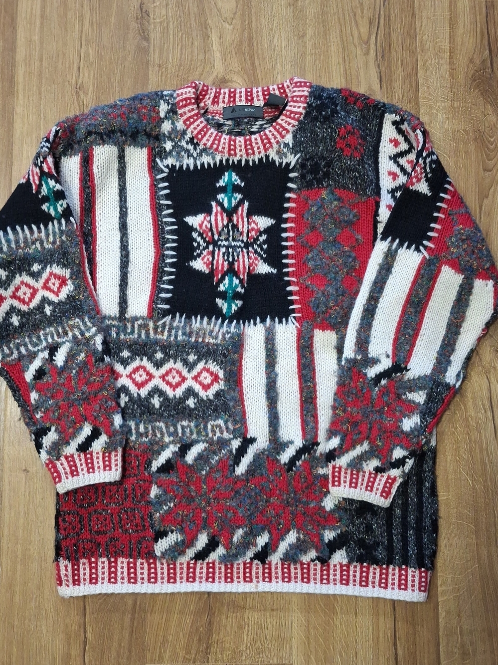 Vtg LIZ SPORT Handknit Patchwork Winter Wool Christmas Sweater Granny Sz Small